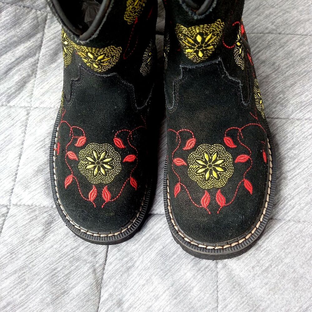 Roper Chunky Black Suede Boots w/Floral Embroidery Cowgirl Y2K Stagecoach - Picture 2 of 7